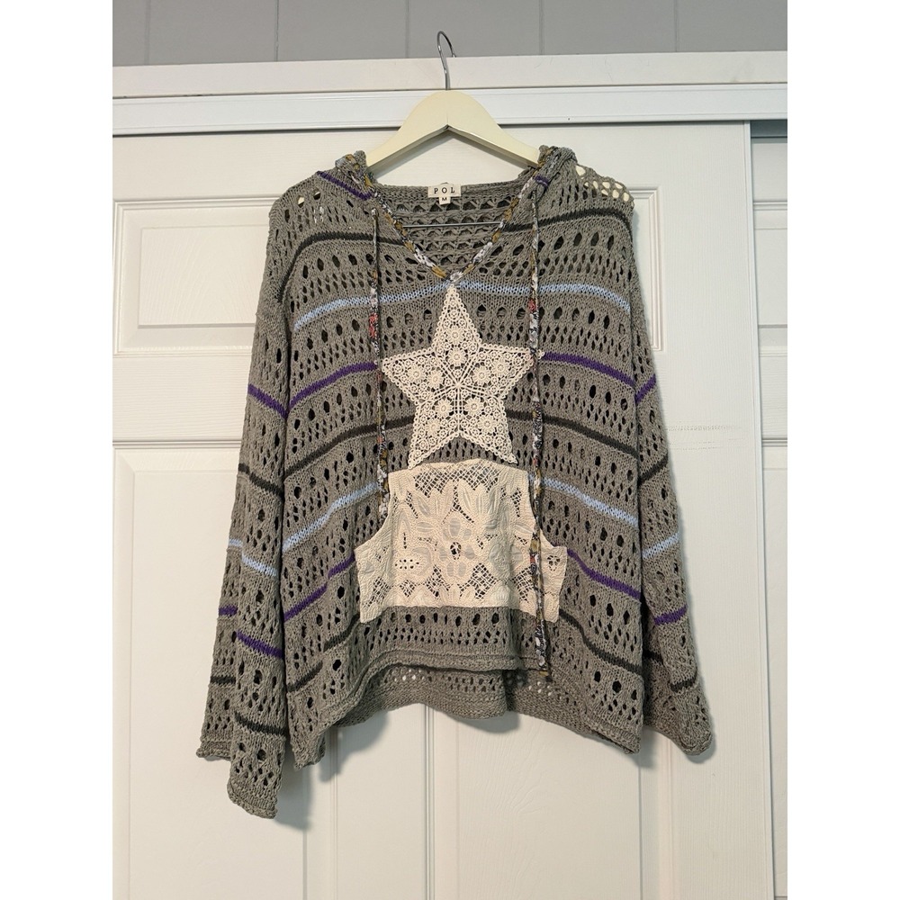 POL Crochet Open Knit Hoodie Gray Boho Mesh Sweater Cottagecore Granola Bohemian
